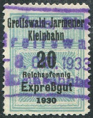 Германия 1930 Померания Greifswald-Jarmener Kleinbahn частная у/к жд посылочная ЭКСПРЕСС фрахтовая