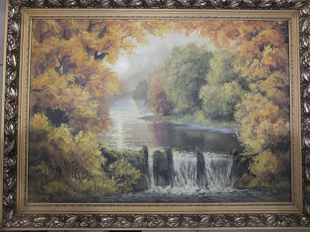 картина Речной перекат в лесу , холст масло, большая, НХ