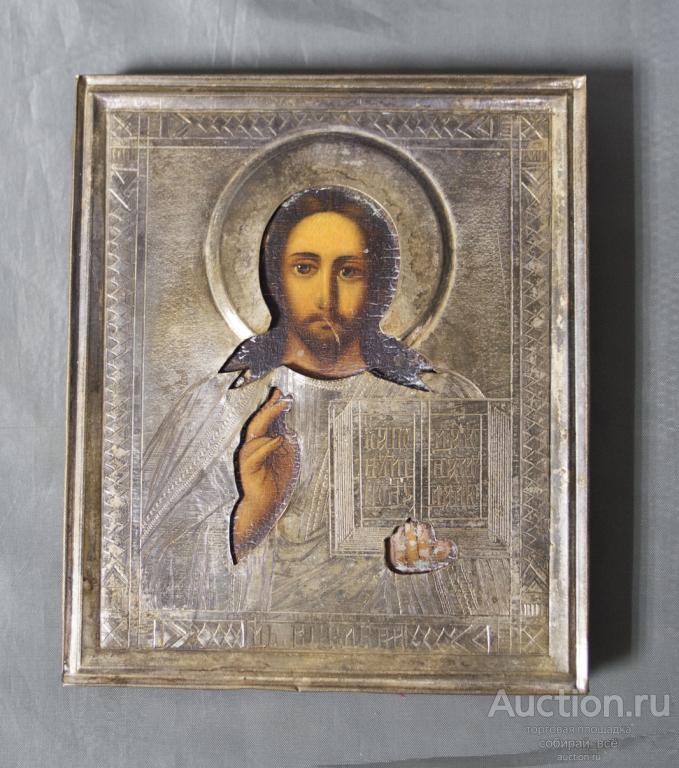 Икона Господь Вседержитель, оклад латунь, штихель, серебрение, подокладная, 19 в, 13,5х11 см