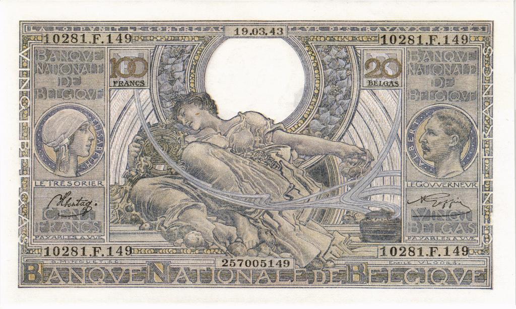 100 франков 1943 Бельгия, UNC