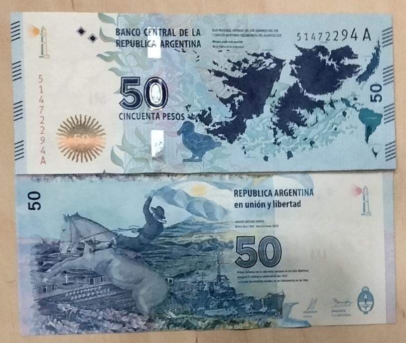 Аргентина - 50 песо 2015 г "Карта Мальвинских (Фолклендских)островов" Р-362 UNC