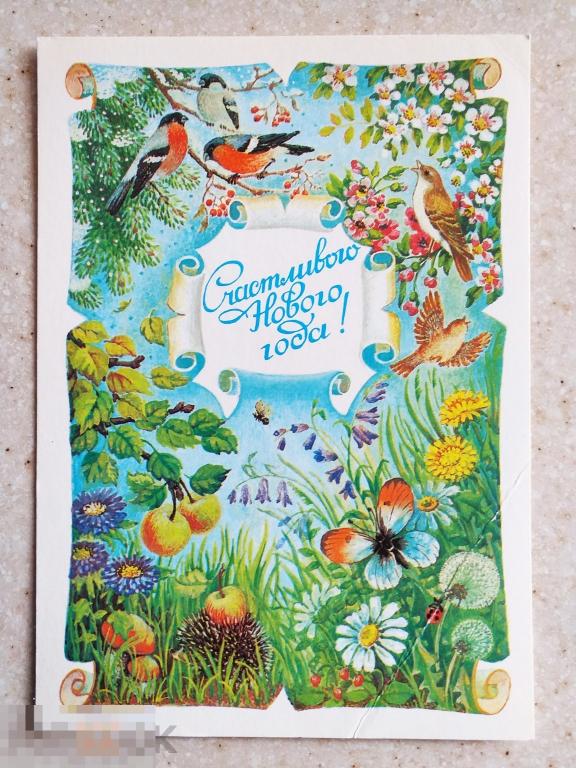 Ан01 Похитонова 1987 г. Счастливого Нового Года! Снегири Птички Бабочка Ёж Чистая