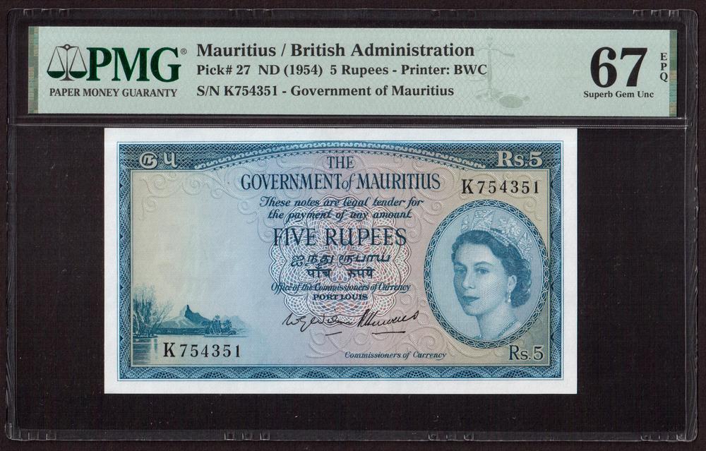 Маврикий 1954г 5 Рупий UNC (Pick 27) слаб PMG-67 EPQ