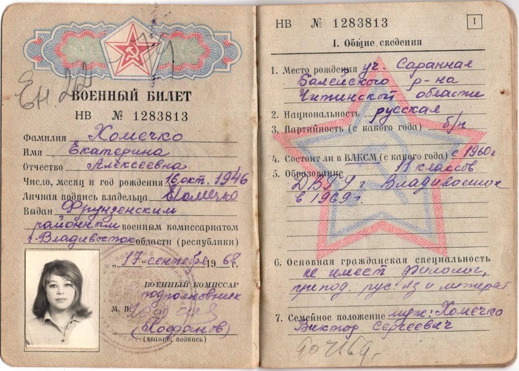 Военный билет (Сестра Медицинская) (Фрунзенский РВК г. Владивосток СССР) обр. 1960-е гг.