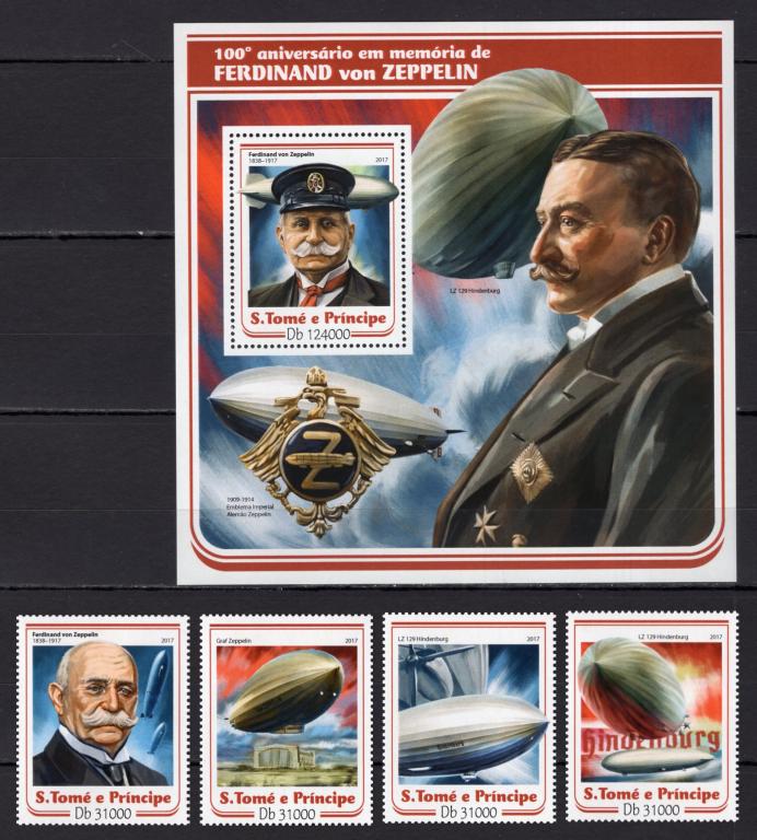Сан-Томе и Принсипи, 2017г., Фердинанд фон Цепеллин, дирижабли (марки+блок) **