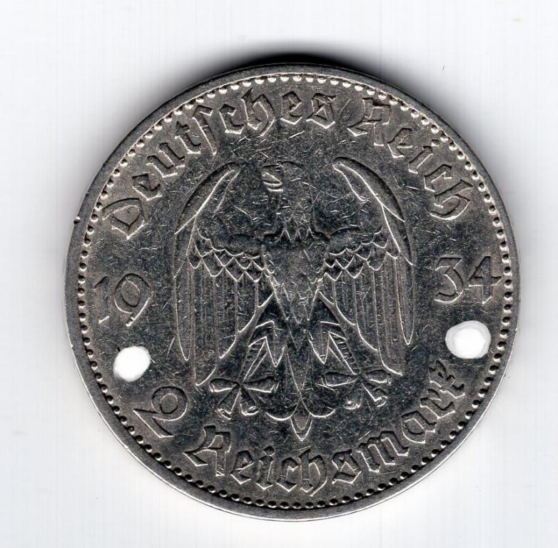 2 марки (2 рейхсмарки) - Германия - 1934 J - Кирха подписная - серебро 625 - KM#81