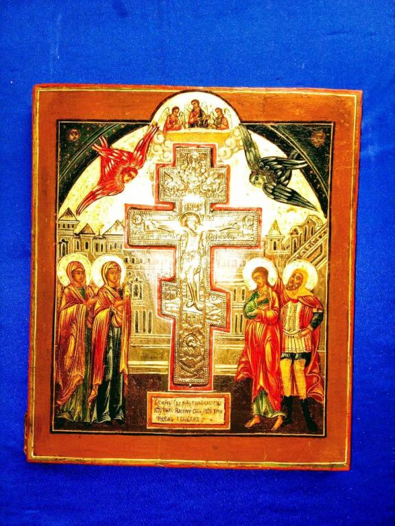 Икона старинная Распятие Господне! Голгофа! Золото! Кипарис! Огонь!