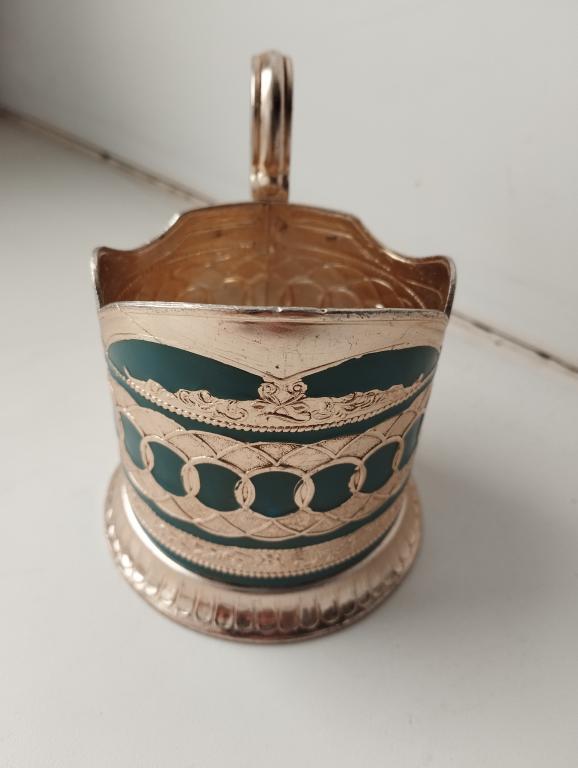 Подстаканник "Кольца". Серый фон. Алюминий. Эмаль. СССР. Клеймо КХИ. Казаково. Нечастый.