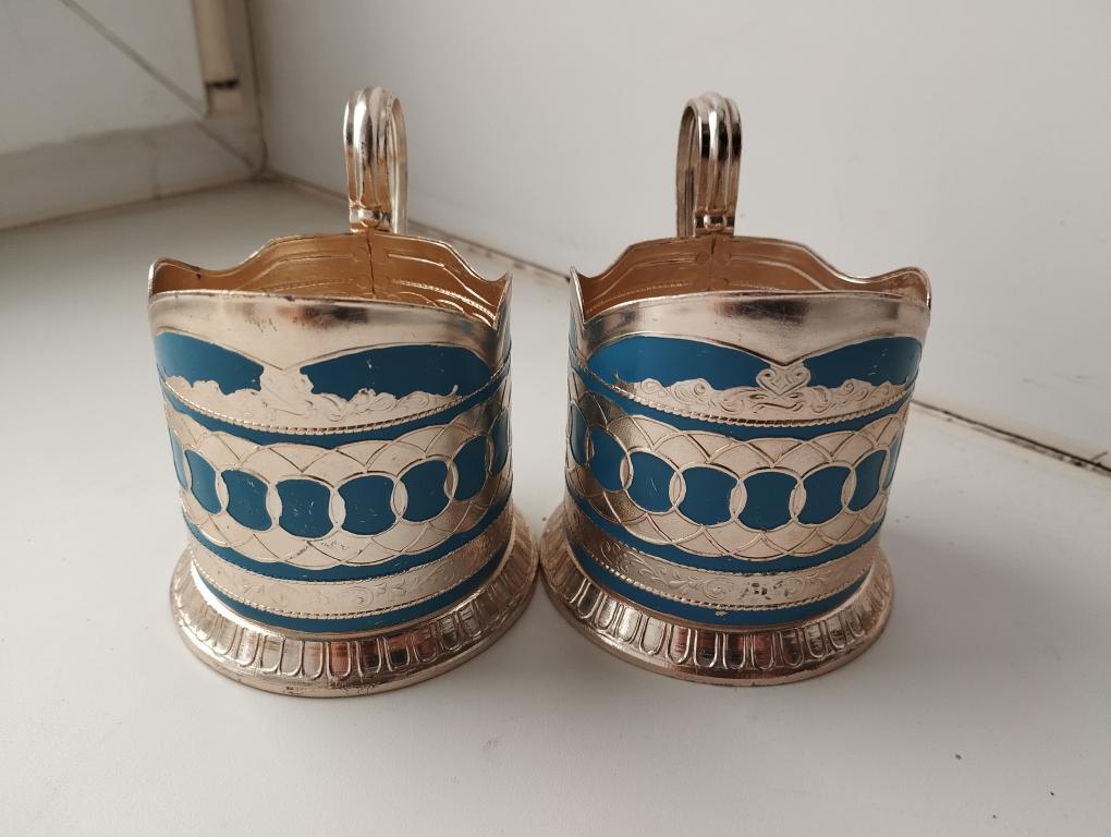 Подстаканник "Кольца". Синий фон. Алюминий. Эмаль. СССР. Клеймо. Казаково.