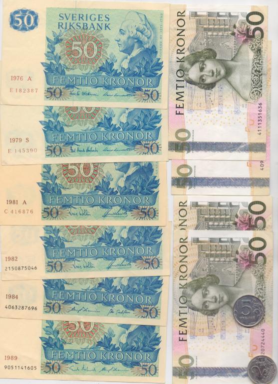 10 банкнот ПО 50 КРОН (на сумму 500 крон) РИКСБАНК ШВЕЦИЯ 1976-2011