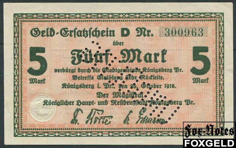 Konigsberg / Ostpreussen 5 Mark 1918 UNGULTIG UNC   №300963