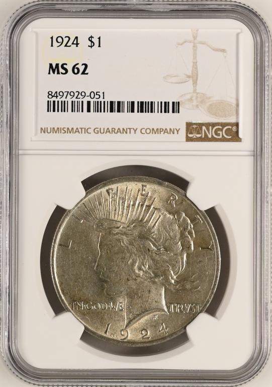 ❗️ 1 доллар 1924 г. - Мирный - США - слаб NGC - MS 62 - Нечастый!!! ❗️