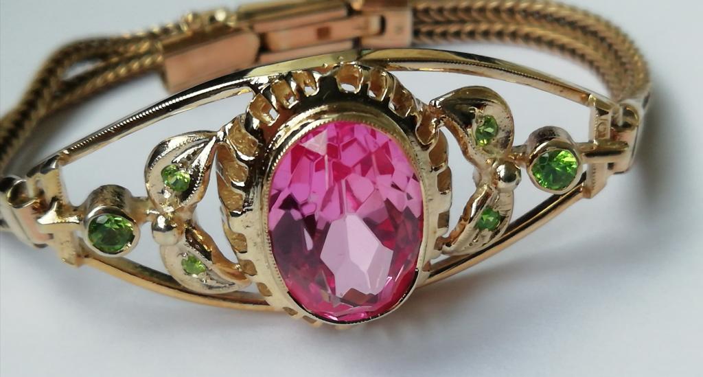 Браслет СССР, серебро 875, позолота 750 пробы. Природные уральские ДЕМАНТОИДЫ, турмалиновый корунд.