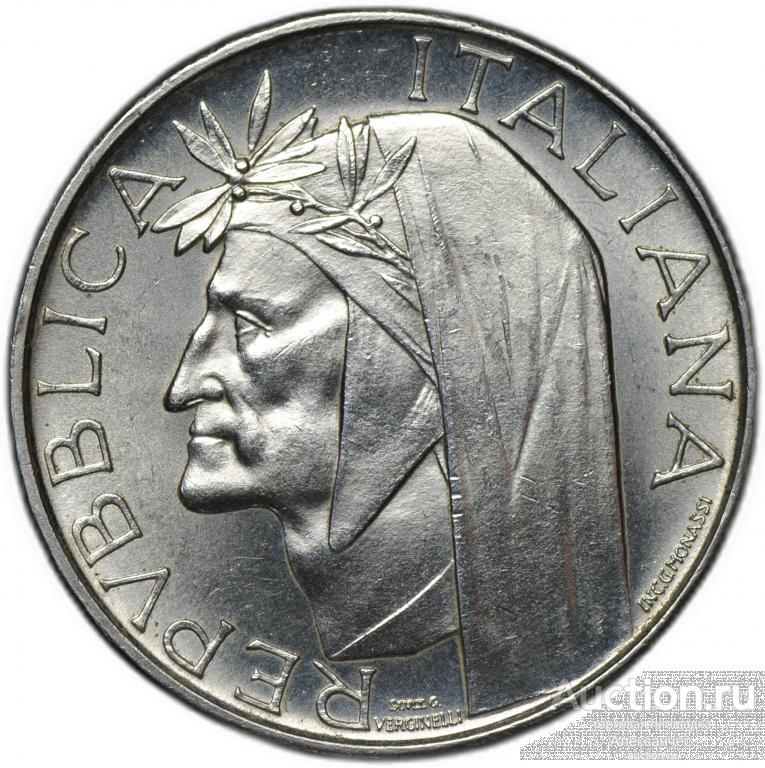 Монета 500 лир 1965 R 700 лет со дня рождения Данте Алигьери Италия