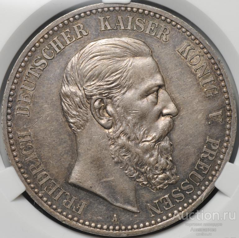 Монета 5 марок 1888 А Фридрих III Пруссия Германия слаб CPRC AU 55