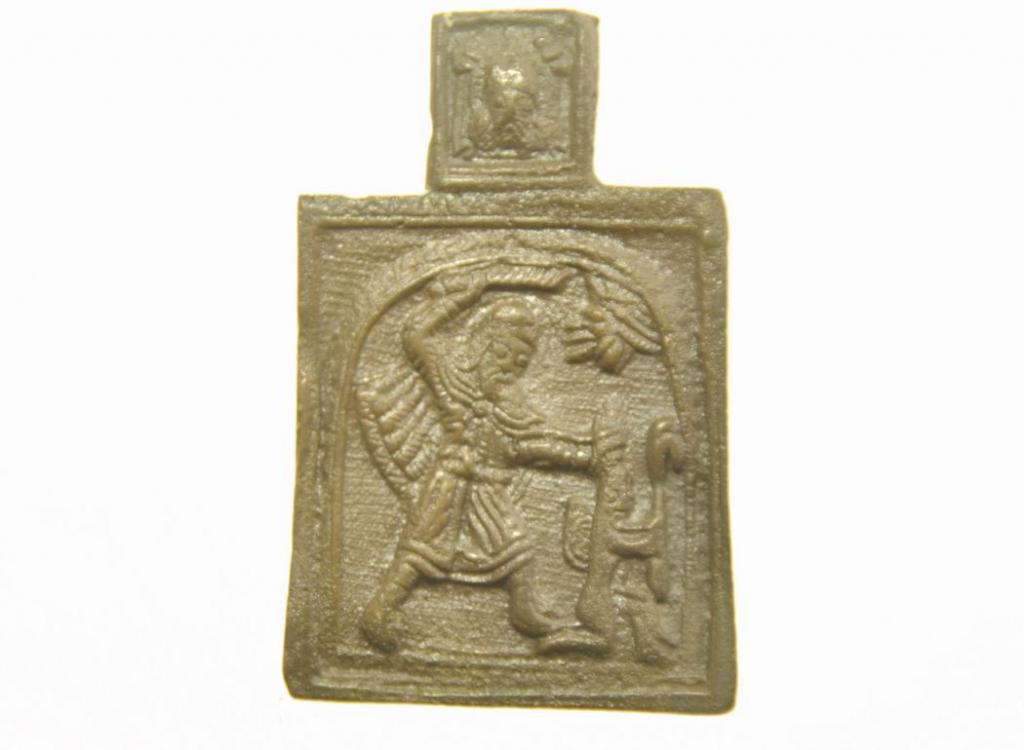 Меднолитая старинная  икона с Никитой Бесогоном