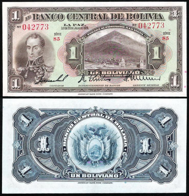 Боливия 1 боливиано 1928 год. UNC