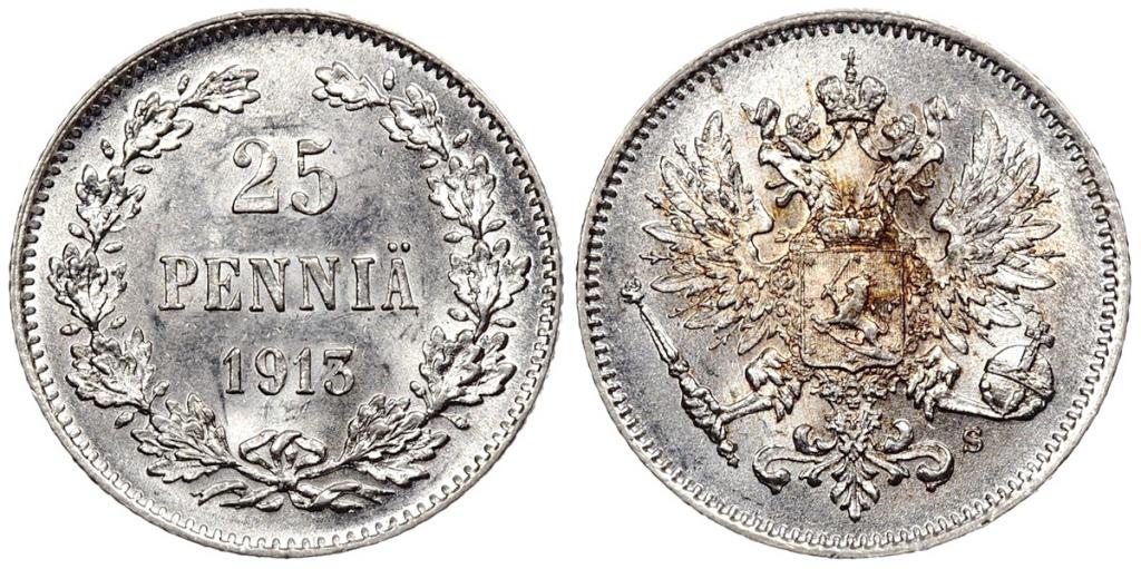 Россия для Финляндии 25 пенни 1913 S ННР MS63 (5OS966-0461)