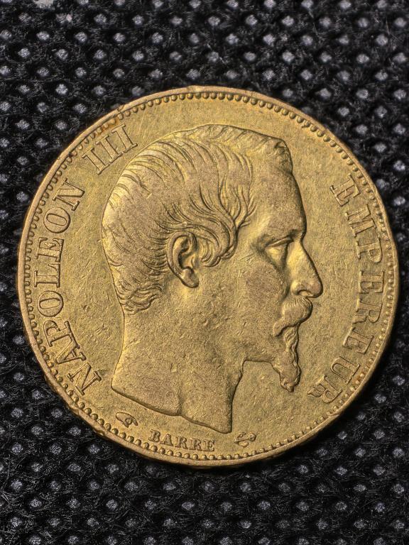 Золото 20 франков 1855 год Франция Наполеон 3 без венка