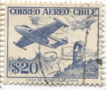 1956 Чили.Авиапочта.Самолёт и идол острова Пасхи 1м.гаш