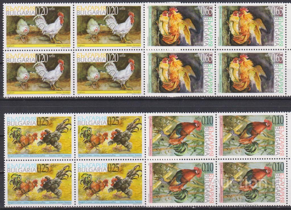 Болгария Чистые марки в квартблоки Фауна Птицы Петухи 2002