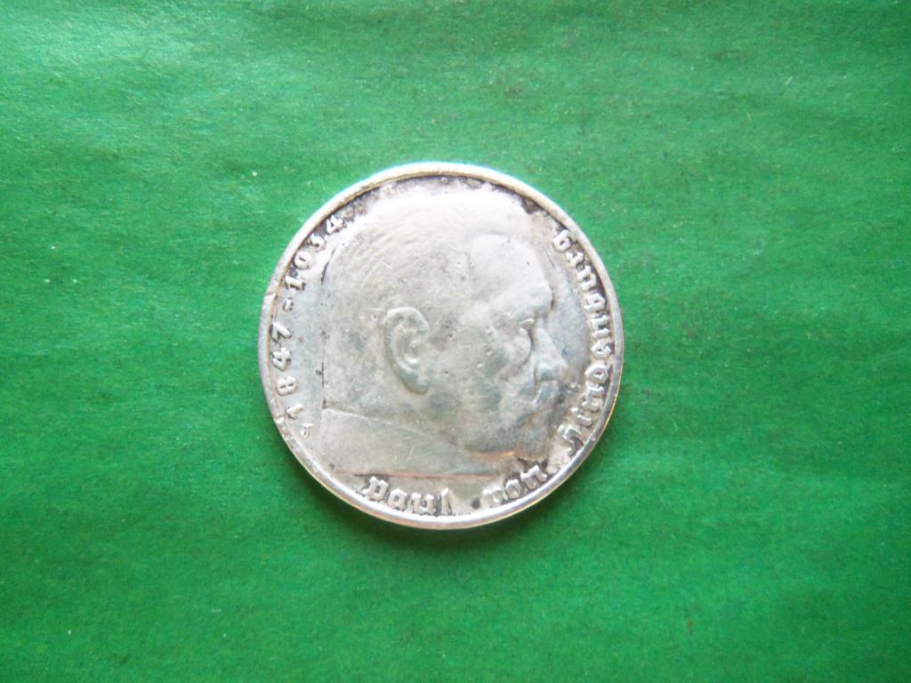 Германия.Третий Рейх 5 марок 1936 г. J. Гинденбург, серебро.