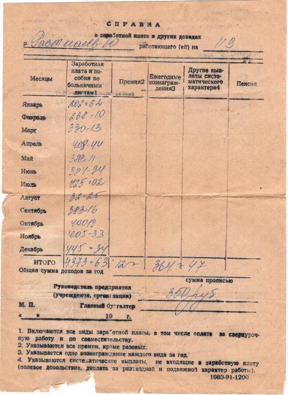 Справка о заработной плате и других доходах 1991 СССР