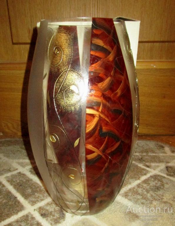 Ваза Бочка Розовый сад 31 см цветное стекло узор позолота. Новая