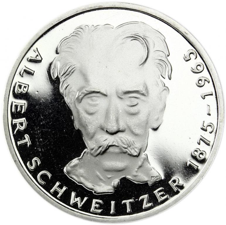 Германия, ФРГ, 5 марок 1975 г.  G. Альберт Швейцер. ПРУФ-PROOF. Серебро. Идеальная