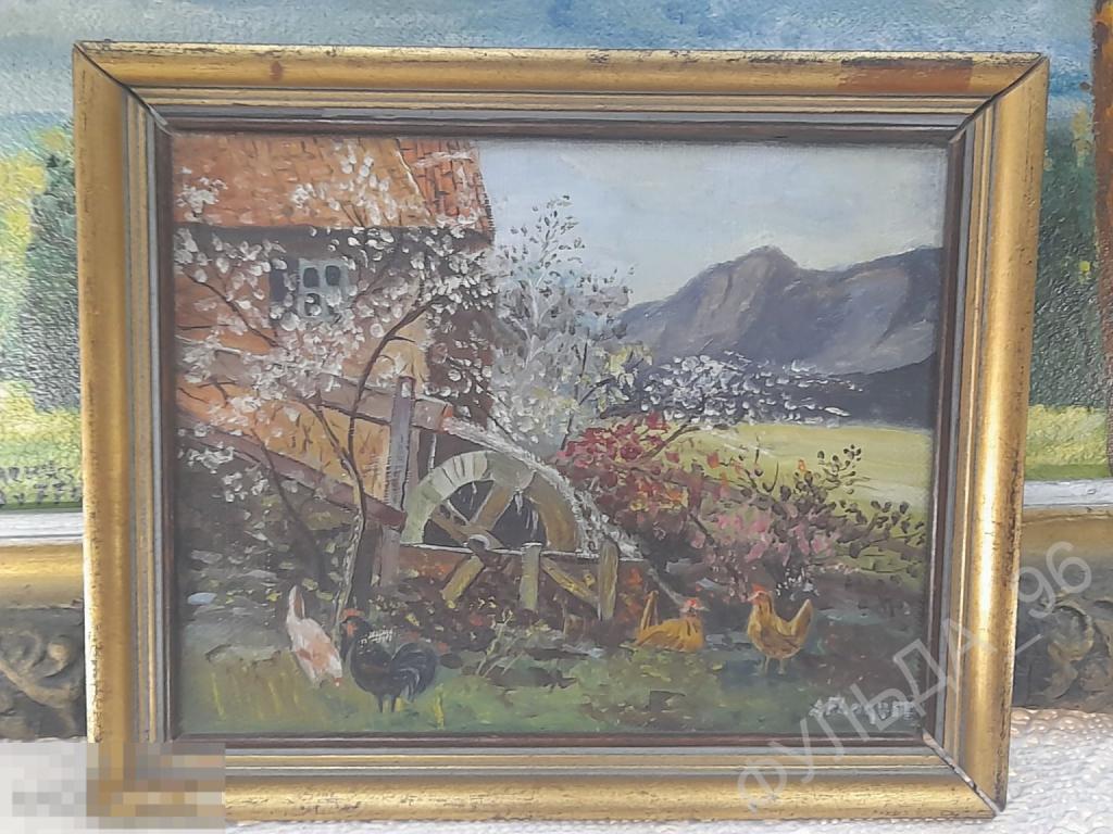 Картина Сельский Пейзаж Курочки Европа 28*24 см Холст, масло Flaquet