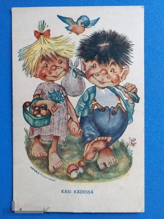 А177  Открытка Финляндия 1943 Гномы Тролли Птицы Грибы Сказки Корзинка Подп.