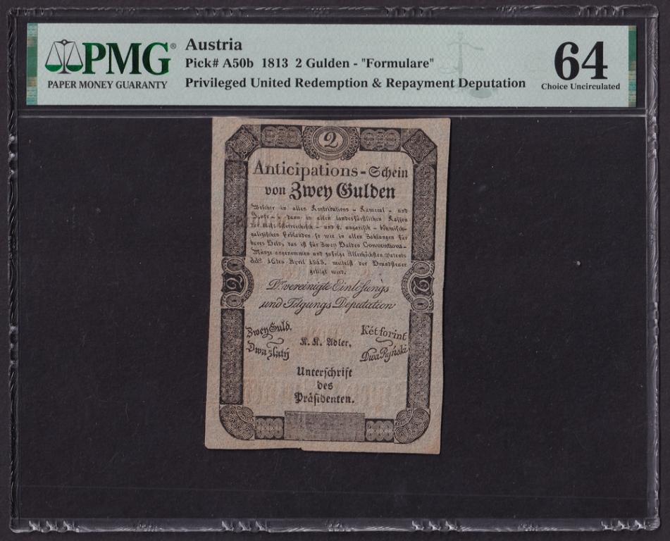 Австрия 1813г 2 Гульдена UNC (Pick A50b) слаб PMG-64