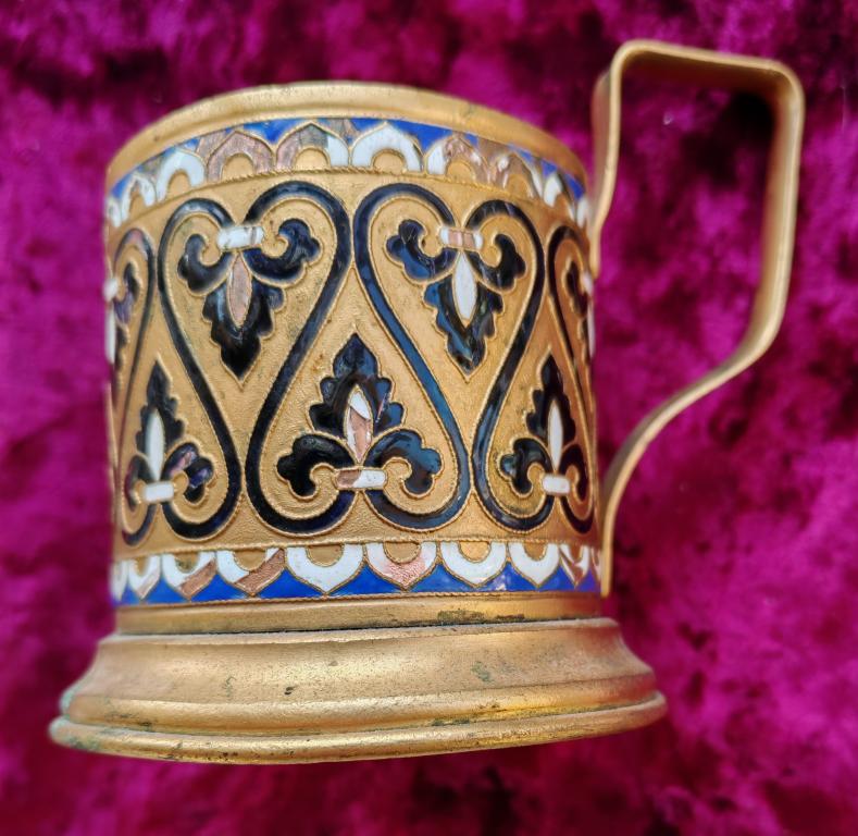 Подстаканник латунный с эмалями, узоры, клеймо, СССР (сколы).