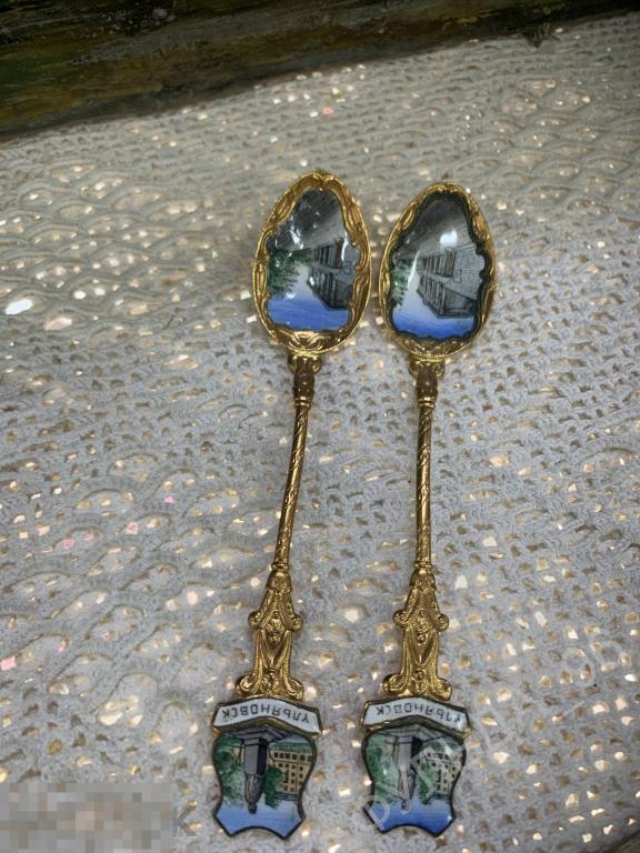 Ложки чайные сувенирные Ульяновск Латунь Эмаль СССР 1930-1950-е Цена за пару