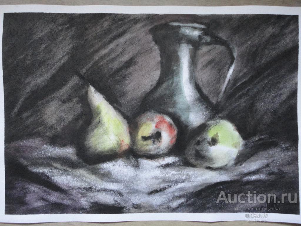 графика,   натюрморт с  фруктами.  и кувшином.