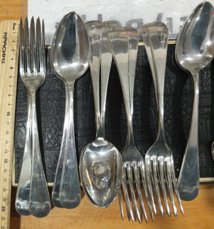 столовые вилки, столовые ложки, чайные ложечки, комплект 18 предметов, мельхиор, серебрение, Европа