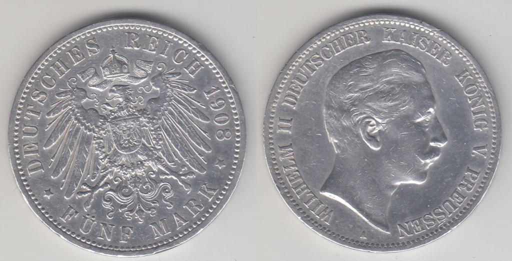 Пруссия 5 марок 1908 A серебро