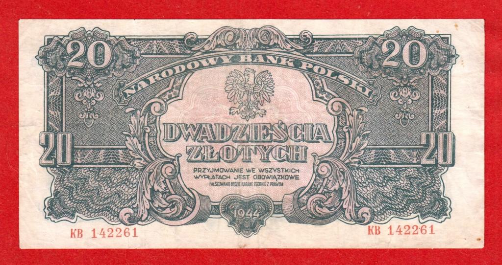 Польша, Красная Армия СССР, военный выпуск, 20 злотых, 1944, VF+, "OBOWIAZKOWE", КВ 142261