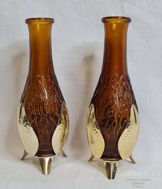 ПОДСВЕЧНИКИ ИЛИ ВАЗОЧКИ ЦВЕТНОЕ СТЕКЛО МЕТАЛЛ ПОЗОЛОТА ГДР ВРЕМЕН СССР ПАРНЫЕ ///// 61 44