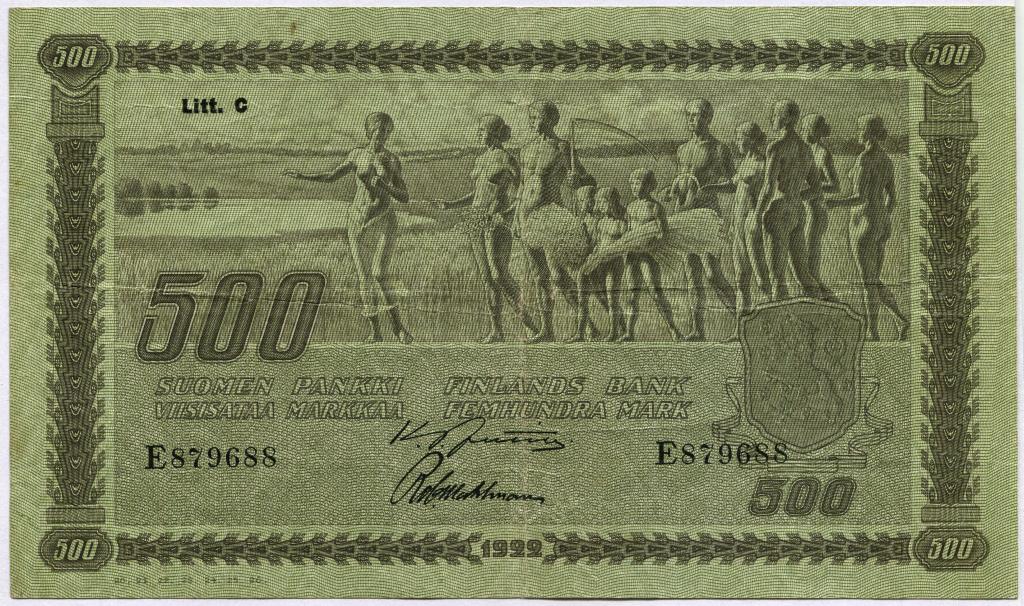 500 марок 1922 Финляндия Litt. C - номер частично заходит на щит
