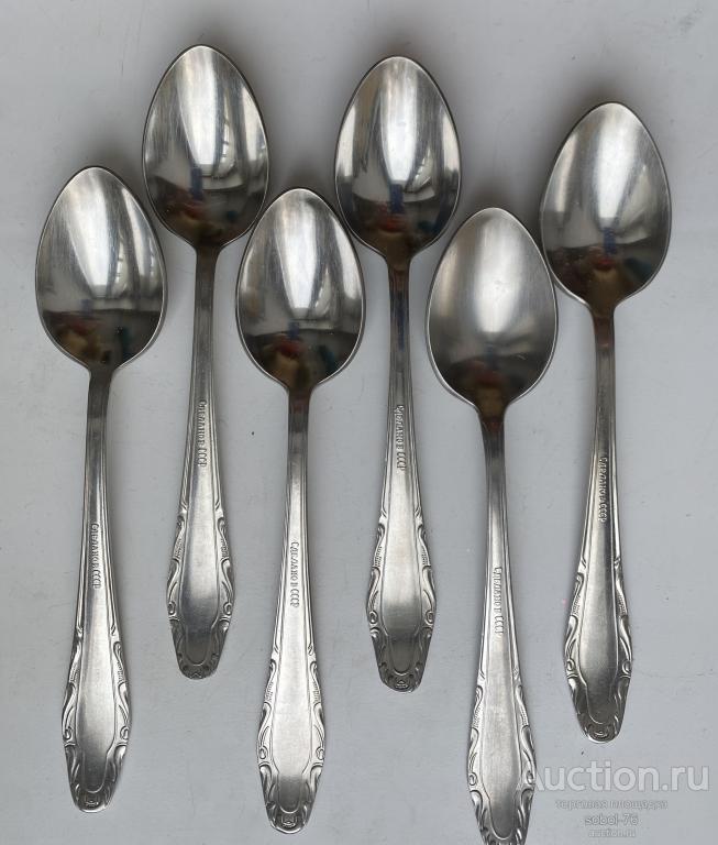 Набор ЛОЖКИ ЧАЙНЫЕ СДЕЛАНО в СССР ПЛАМЯ ЧМЗ  6шт. ранняя нержавейка СССР