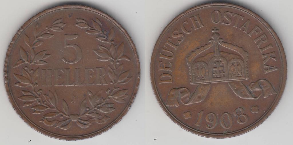 Немецкая Восточная Африка 5 геллеров 1908 J с дефектом "рубчатый гурт"