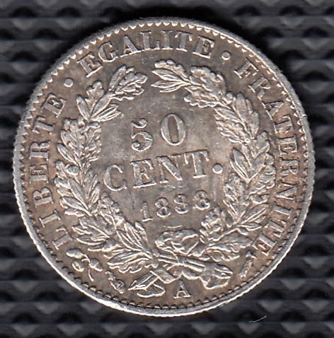 Франция 50 сантимов 1888 А - Оригинал, Состояние AUNC, Редкость