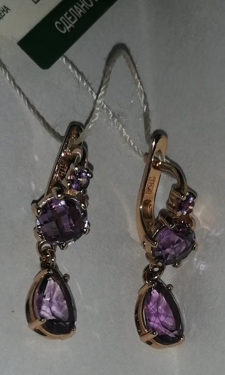 Серьги новые ,стильные, природные аметисты  золото 585 проба.