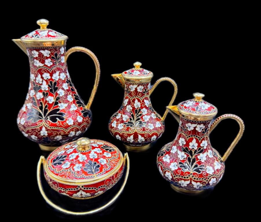 СЕРЕБРО СССР, 916 проба! РУССКИЕ САМОЦВЕТЫ! ГОРЯЧАЯ ЭМАЛЬ! ВЕЛИКОЛЕПЕНЫЙ ЧАЙНЫЙ СЕРВИЗ! 1.778 гр!