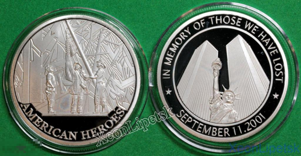 Жетон Трагедия 11 сентября 2001 года США Пожарные и Статуя Свободы. Америка посеребрение