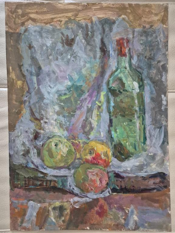 Нисс-Гольдман Н.И. (1892-1990) "Натюрморт с бутылкой и тремя фруктами"