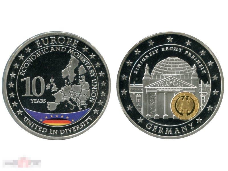 Медальон 10 лет экономическому и валютному союзу, Германия 2002 г. (серебро, Proof)