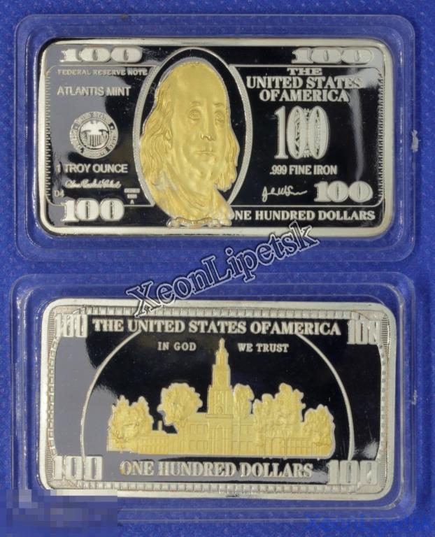 Слиток 100 долларов США Отец-основатель США Бенджамин Франклин позолота и посеребрение Копия