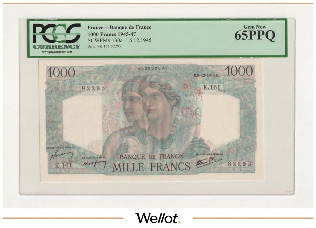 1000 Франков 1945 Франция PCGS 65 PPQ UNC #93978